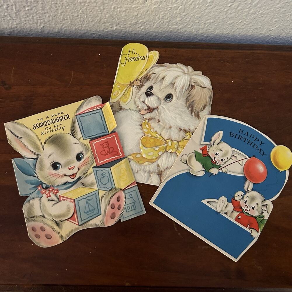Lot of 3 Vintage Childrens Birthday Cards 1950s Animals Die-Cut Cute Graphics